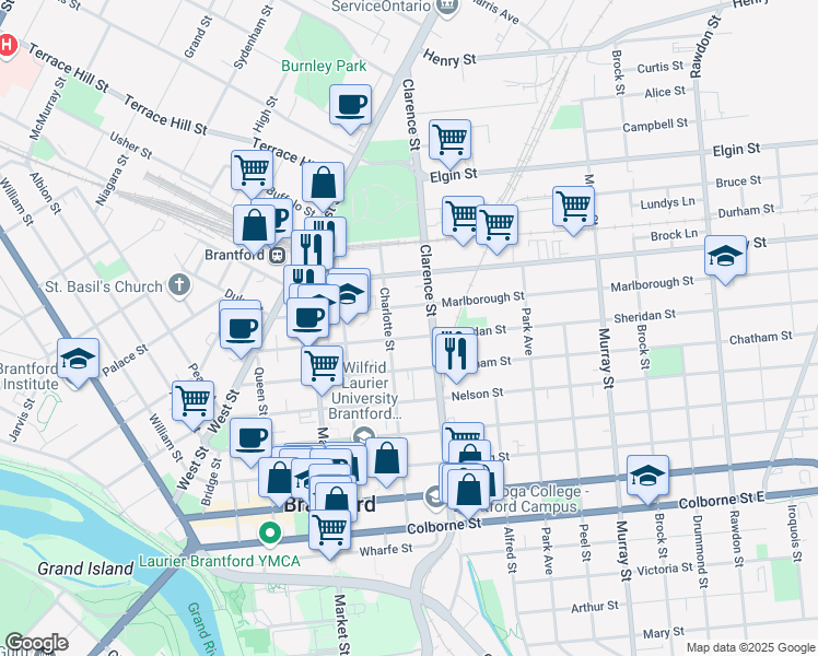 map of restaurants, bars, coffee shops, grocery stores, and more near 84 Sheridan Street in Brantford