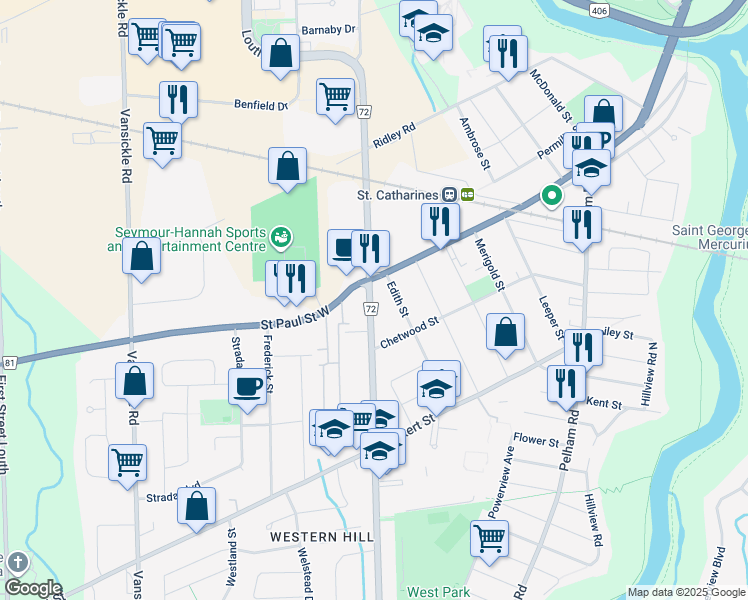 map of restaurants, bars, coffee shops, grocery stores, and more near 210 Regional Road 72 in St. Catharines