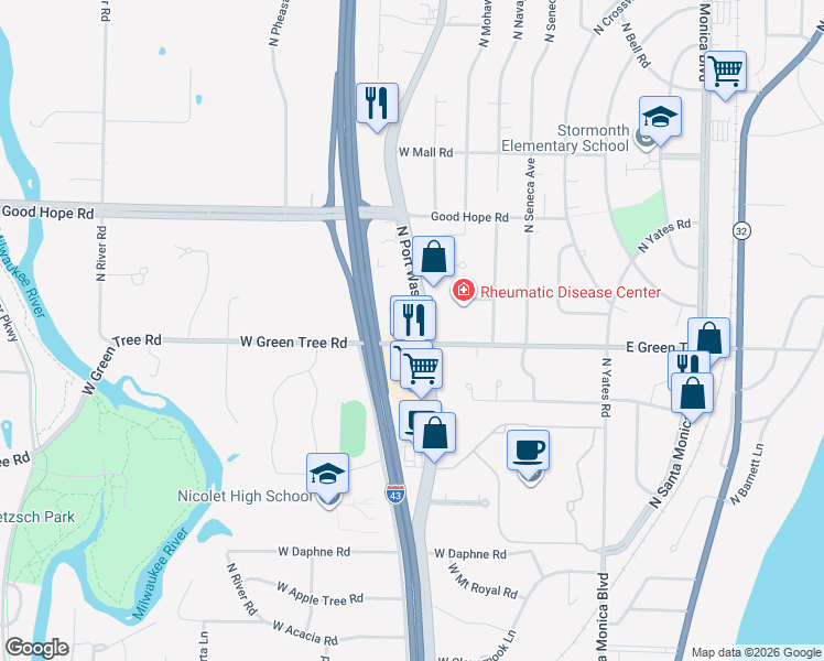 map of restaurants, bars, coffee shops, grocery stores, and more near 7001 North Port Washington Road in Glendale