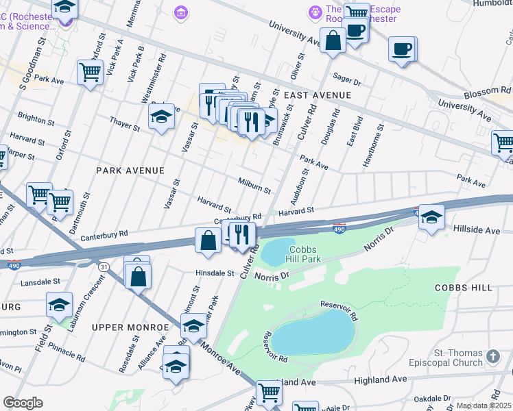 map of restaurants, bars, coffee shops, grocery stores, and more near 256 Brunswick Street in Rochester