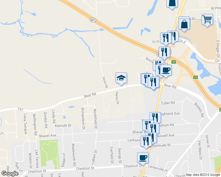 map of restaurants, bars, coffee shops, grocery stores, and more near 5547 Bear Road in Syracuse