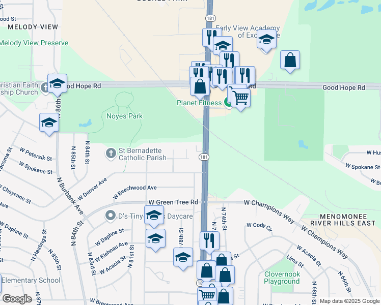 map of restaurants, bars, coffee shops, grocery stores, and more near 6942-6944 North 77th Court in Milwaukee