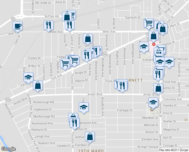 map of restaurants, bars, coffee shops, grocery stores, and more near 103 Sherwood Avenue in Rochester
