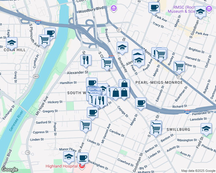 map of restaurants, bars, coffee shops, grocery stores, and more near 29 Bond Street in Rochester