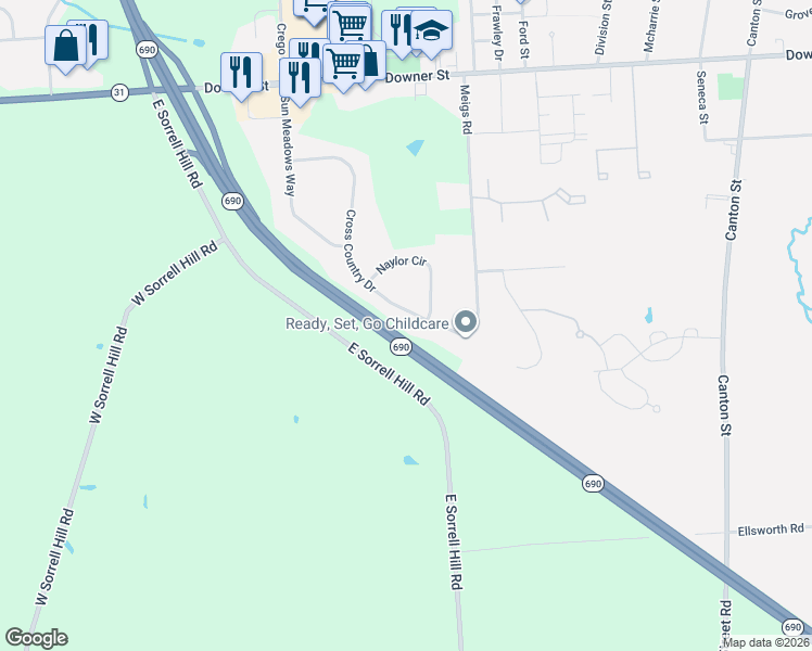 map of restaurants, bars, coffee shops, grocery stores, and more near 80 Cross Country Drive in Baldwinsville