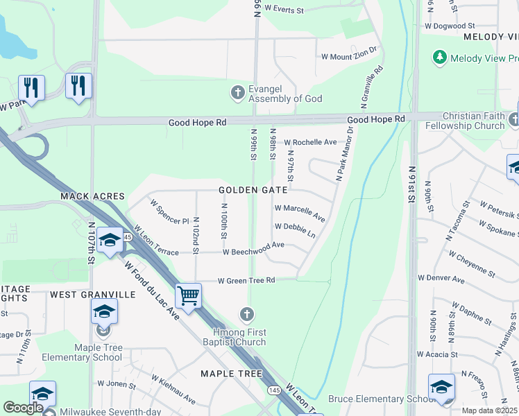 map of restaurants, bars, coffee shops, grocery stores, and more near 6948 North 99th Street in Milwaukee
