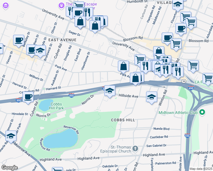 map of restaurants, bars, coffee shops, grocery stores, and more near 1025R Harvard Street in Rochester