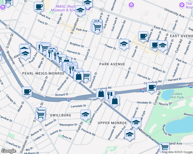 map of restaurants, bars, coffee shops, grocery stores, and more near 236 Dartmouth Street in Rochester