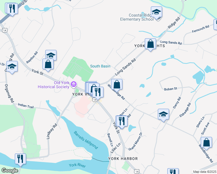 map of restaurants, bars, coffee shops, grocery stores, and more near 10 Woodbridge Road in York