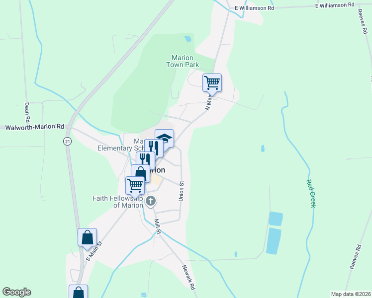 map of restaurants, bars, coffee shops, grocery stores, and more near 3880 North Main Street in Marion