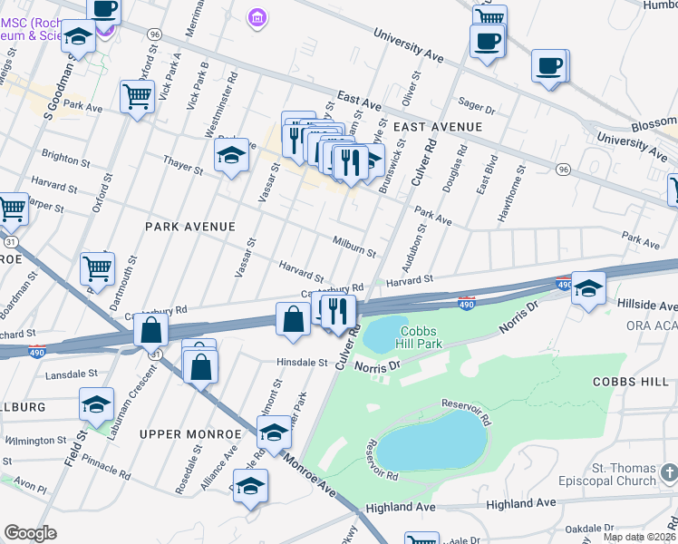 map of restaurants, bars, coffee shops, grocery stores, and more near 47 Berkshire Street in Rochester