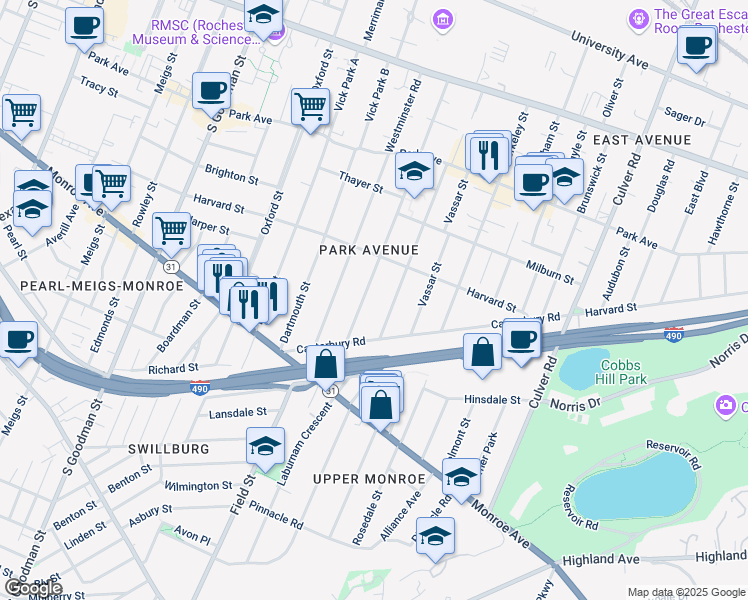 map of restaurants, bars, coffee shops, grocery stores, and more near 326 Barrington Street in Rochester