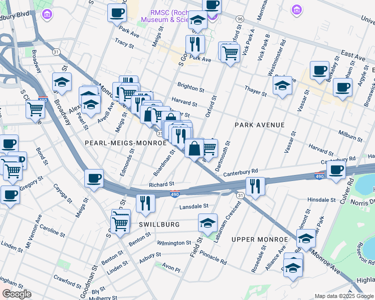 map of restaurants, bars, coffee shops, grocery stores, and more near in Rochester