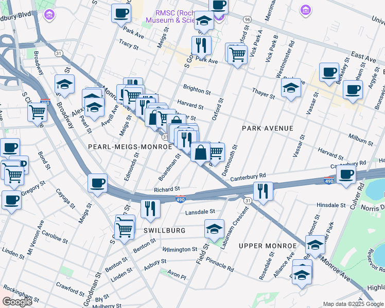 map of restaurants, bars, coffee shops, grocery stores, and more near in Rochester