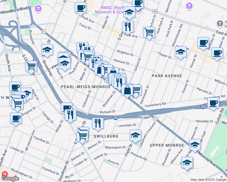 map of restaurants, bars, coffee shops, grocery stores, and more near 6 Boardman Street in Rochester