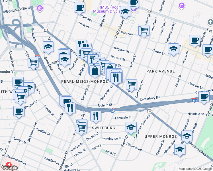 map of restaurants, bars, coffee shops, grocery stores, and more near 30 Amherst Street in Rochester