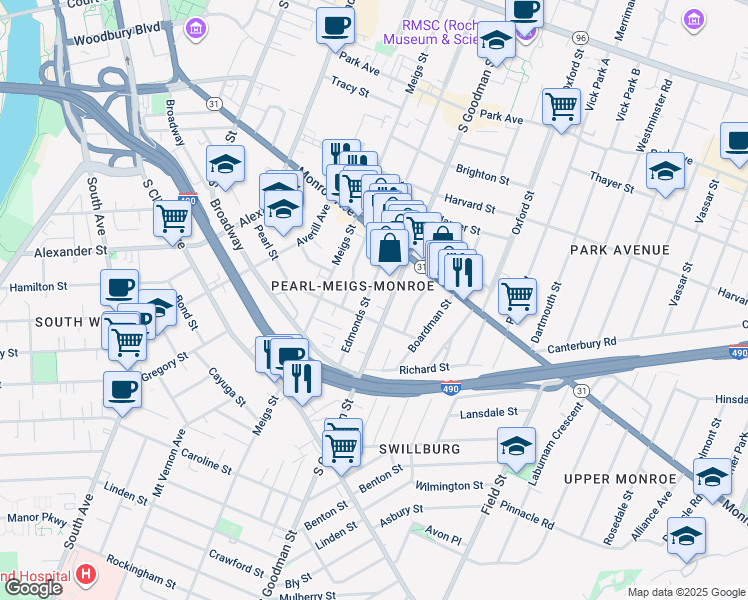 map of restaurants, bars, coffee shops, grocery stores, and more near 465 South Goodman Street in Rochester