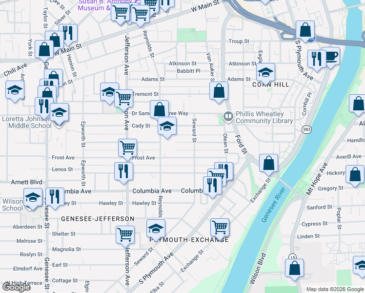 map of restaurants, bars, coffee shops, grocery stores, and more near 131 Champlain Street in Rochester
