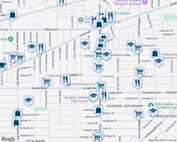 map of restaurants, bars, coffee shops, grocery stores, and more near 111 Superior Street in Rochester
