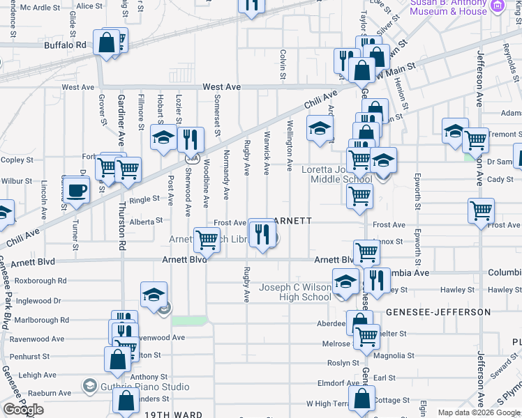 map of restaurants, bars, coffee shops, grocery stores, and more near 160 Rugby Avenue in Rochester
