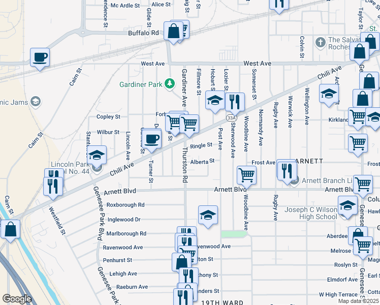 map of restaurants, bars, coffee shops, grocery stores, and more near 38 Thurston Road in Rochester