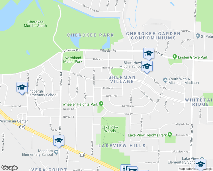 map of restaurants, bars, coffee shops, grocery stores, and more near 1126 Melby Drive in Madison
