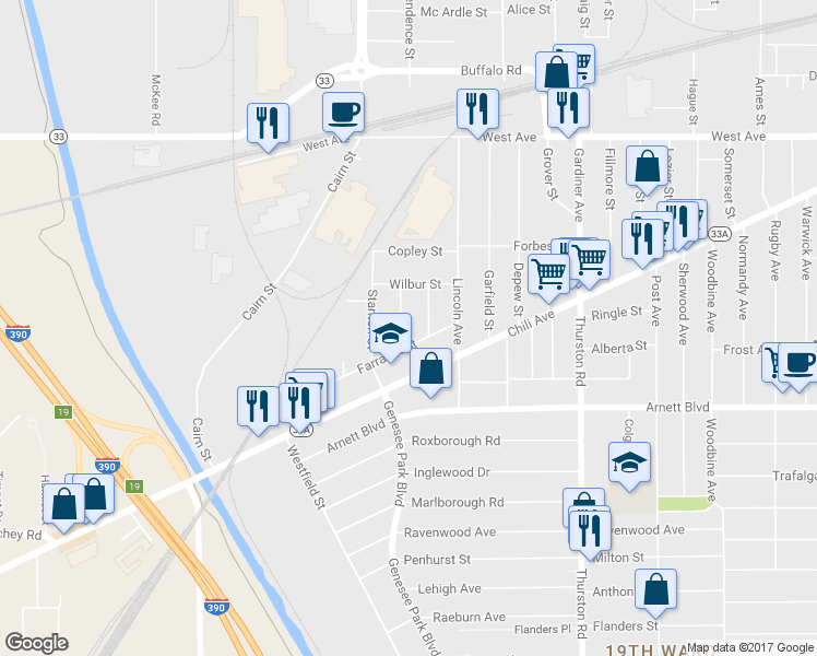 map of restaurants, bars, coffee shops, grocery stores, and more near 24 Briggs Street in Rochester