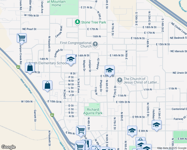 map of restaurants, bars, coffee shops, grocery stores, and more near 510 East 12th North in Mountain Home