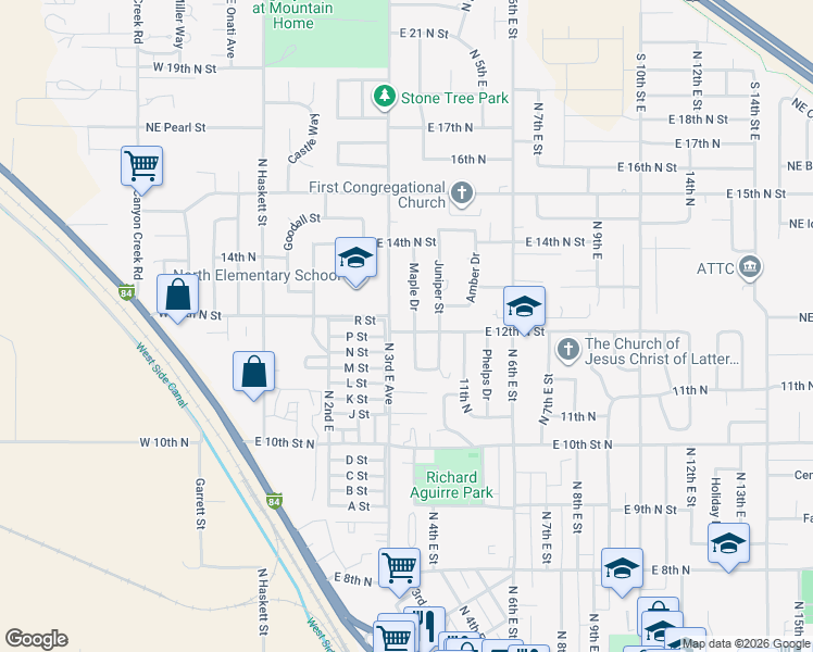 map of restaurants, bars, coffee shops, grocery stores, and more near 320 East 12th North in Mountain Home