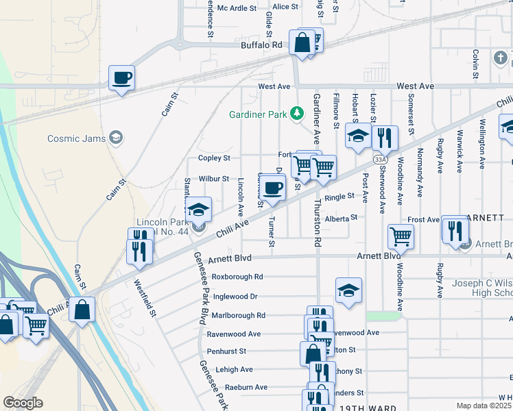 map of restaurants, bars, coffee shops, grocery stores, and more near 259 Garfield Street in Rochester