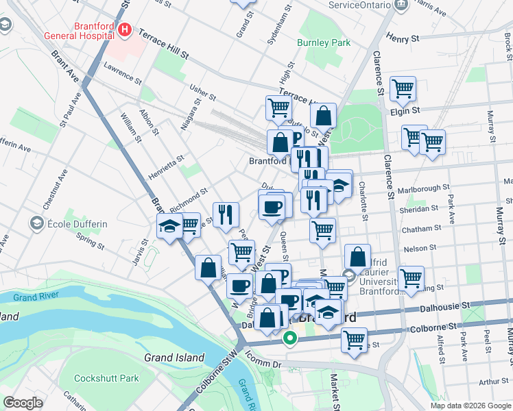map of restaurants, bars, coffee shops, grocery stores, and more near 98 Waterloo Street in Brantford