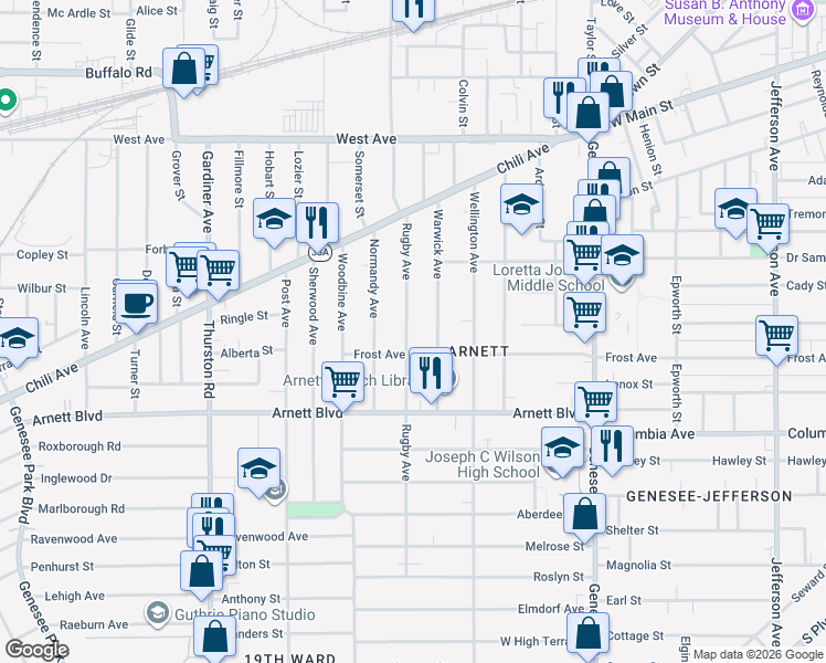 map of restaurants, bars, coffee shops, grocery stores, and more near 160 Rugby Avenue in Rochester