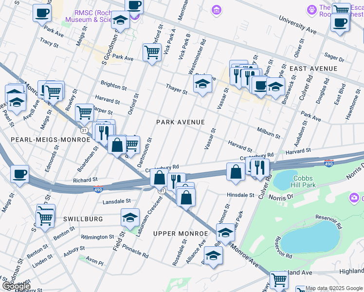map of restaurants, bars, coffee shops, grocery stores, and more near 326 Barrington Street in Rochester