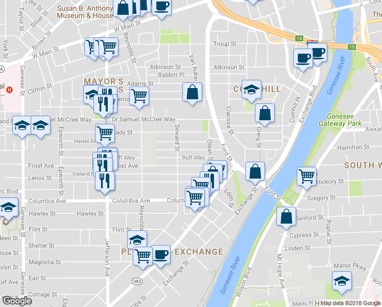map of restaurants, bars, coffee shops, grocery stores, and more near 71 Champlain Street in Rochester