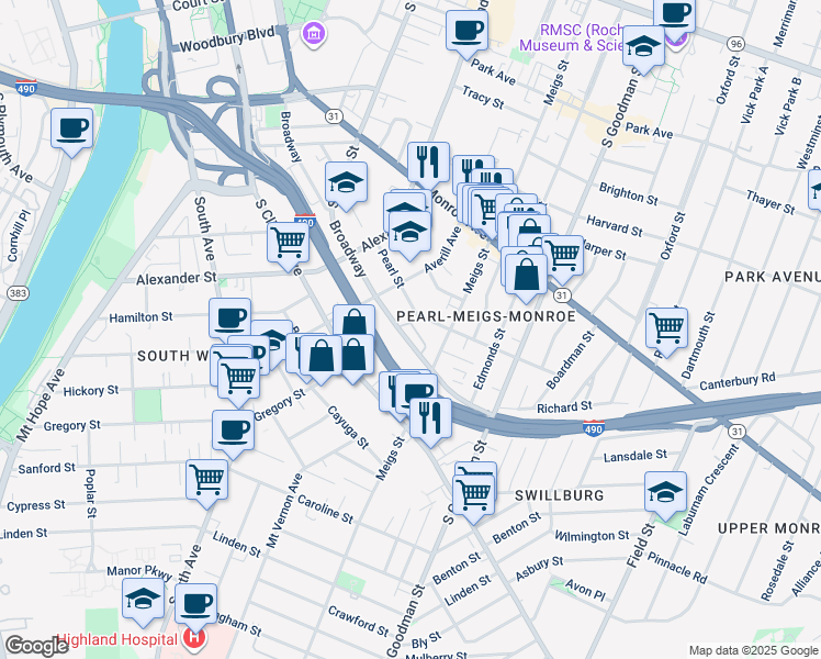 map of restaurants, bars, coffee shops, grocery stores, and more near 662 Broadway in Rochester