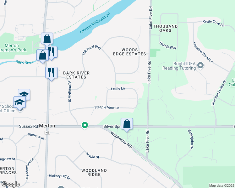 map of restaurants, bars, coffee shops, grocery stores, and more near N69W27745 Leslie Lane in Hartland