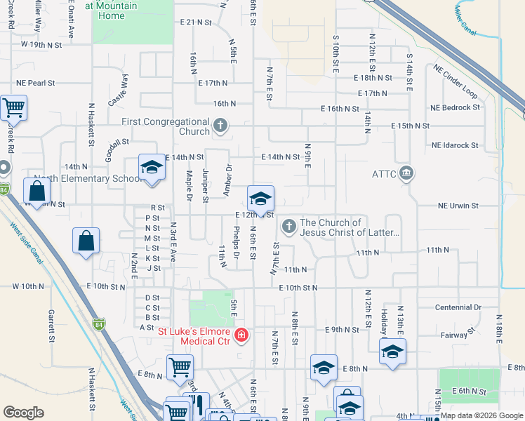 map of restaurants, bars, coffee shops, grocery stores, and more near 630 East 12th North in Mountain Home