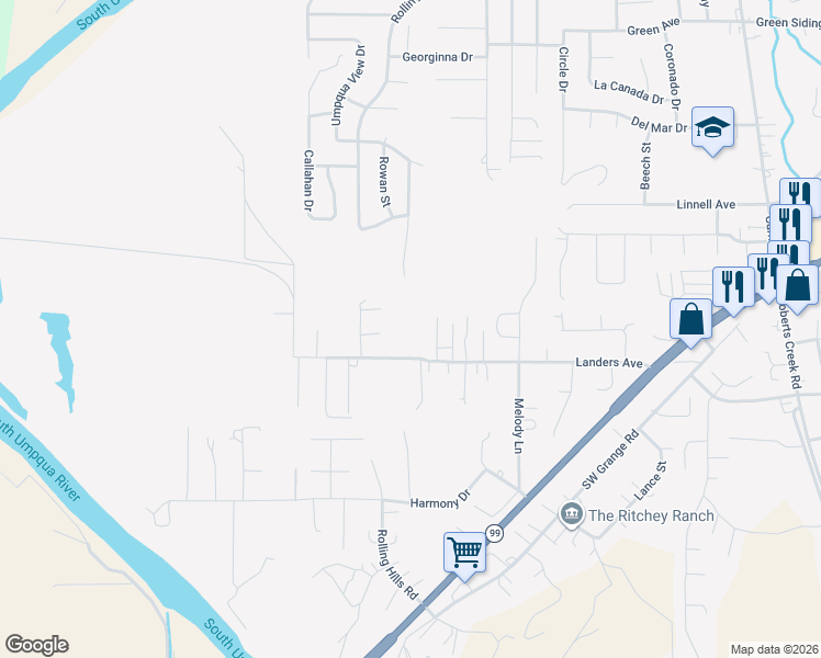 map of restaurants, bars, coffee shops, grocery stores, and more near 2548 Landers Avenue in Roseburg