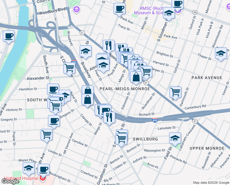 map of restaurants, bars, coffee shops, grocery stores, and more near Meigs Street & Pearl Street in Rochester
