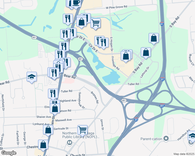 map of restaurants, bars, coffee shops, grocery stores, and more near Highway 481 in Cicero