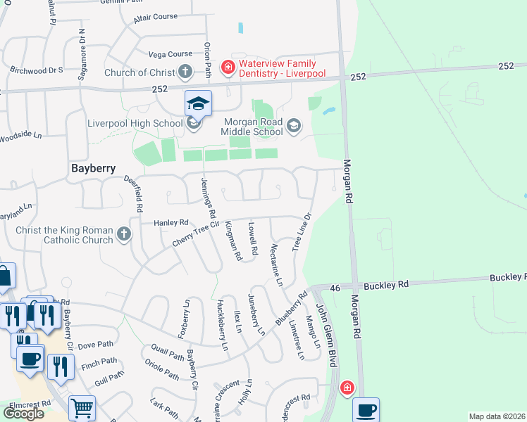 map of restaurants, bars, coffee shops, grocery stores, and more near 73 Cherry Tree Circle in Liverpool