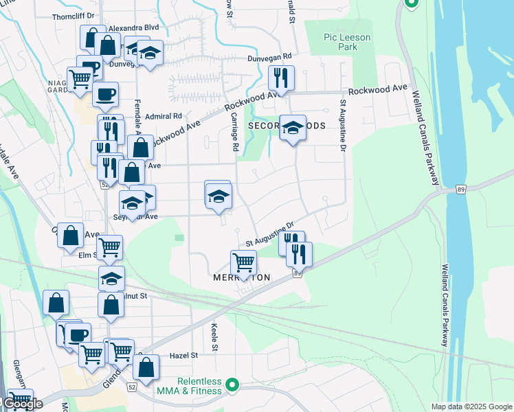 map of restaurants, bars, coffee shops, grocery stores, and more near 8 Green Maple Drive in Saint Catharines
