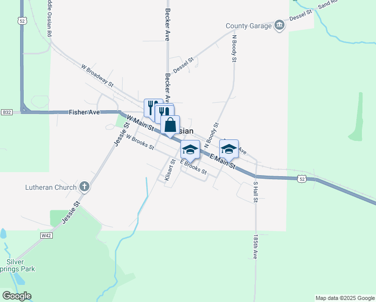 map of restaurants, bars, coffee shops, grocery stores, and more near 204 E Main St in Ossian