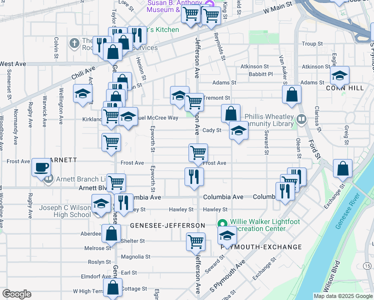 map of restaurants, bars, coffee shops, grocery stores, and more near 355 Champlain Street in Rochester