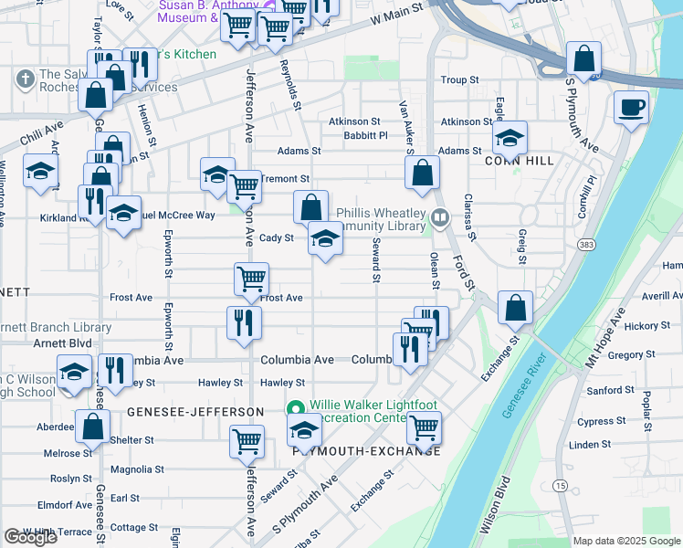map of restaurants, bars, coffee shops, grocery stores, and more near 171 Champlain Street in Rochester