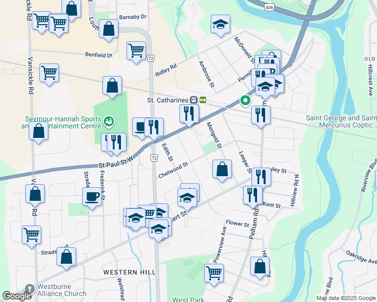map of restaurants, bars, coffee shops, grocery stores, and more near 23 Churchill Street in St. Catharines