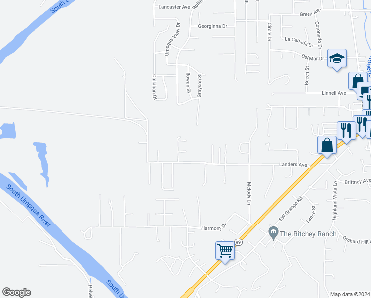map of restaurants, bars, coffee shops, grocery stores, and more near 122 Clellon Court in Roseburg