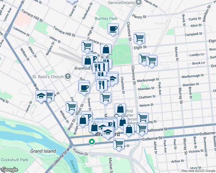 map of restaurants, bars, coffee shops, grocery stores, and more near 31 Marlborough Street in Brantford