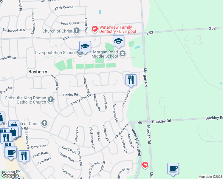 map of restaurants, bars, coffee shops, grocery stores, and more near 75 Cherry Tree Circle in Liverpool
