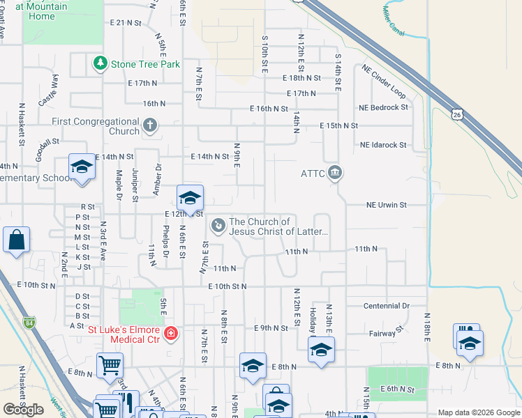 map of restaurants, bars, coffee shops, grocery stores, and more near 980 East 12th North in Mountain Home